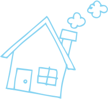 Minimalistic blue line drawing of a house with a chimney and two clouds above, representing home and comfort.