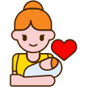 Illustration of a mother holding her baby with a heart symbol, depicting care and love.