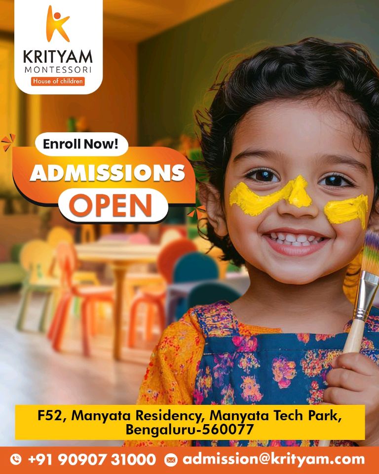 admissions open banner featuring cute kid playing with colours at krityam school
